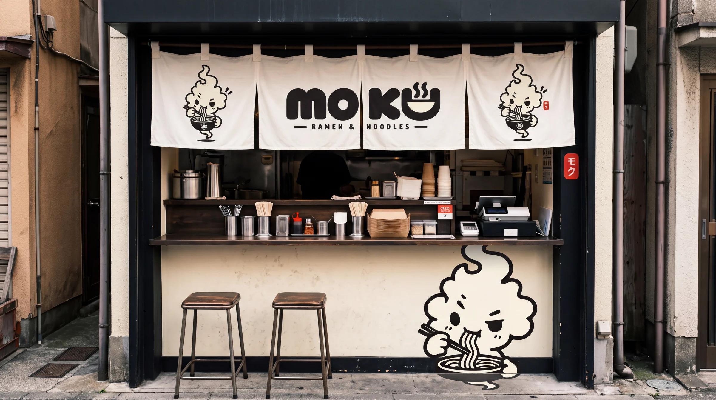 MOKU identity applied to a ramen shopfront